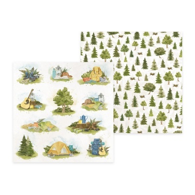 Papel decorativo duplo com motivos de acampamento e árvores em verde e castanho