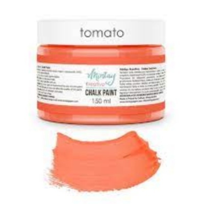 Pote de chalk paint laranja rotulado 'tomato' com amostra da cor em fundo branco