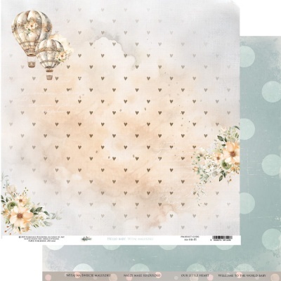 Papel de scrapbook decorativo com corações, bolas de ar quente e flores em tons pastel