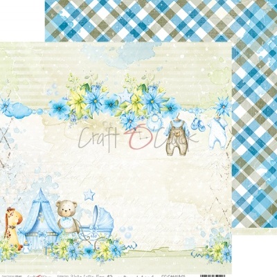 Papel decorativo para scrapbooking com flores azuis, ursinhos e padrão xadrez