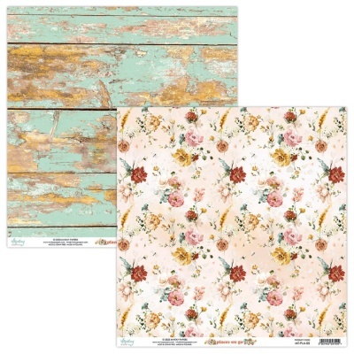 Papel decorativo com padrão de madeira envelhecida e padrão floral colorido