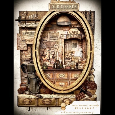 Decoração vintage de café com moldura oval e rótulos antigos em tons castanhos