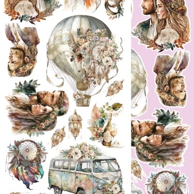 Ilustrações aquarela de casais, carrinha, balão de ar quente floral e apanhador de sonhos