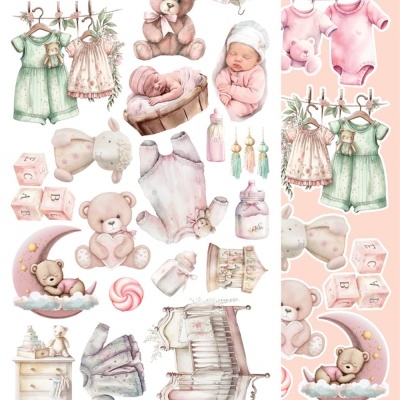 Ilustrações de produtos e acessórios para bebé em tons suaves.