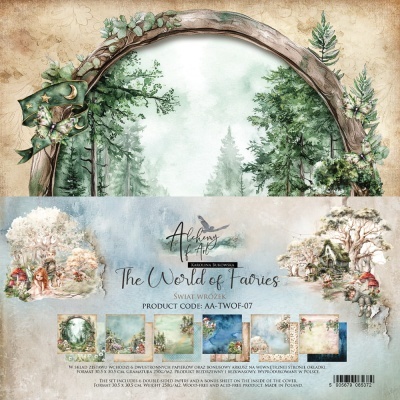 Papel decorativo de scrapbooking 'The World of Fairies' com ilustrações de fadas e natureza