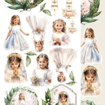 Meninas de vestido branco de comunhão com coroas de flores e elementos decorativos com folhas e velas