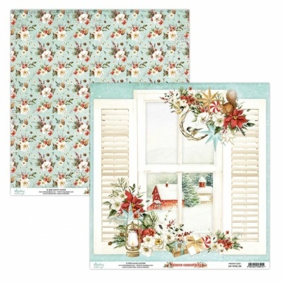 Papel decorativo para scrapbook com padrão floral e ilustração de janela nevosa
