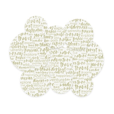 Toalha de mesa em forma de flor com padrão de palavras em verde e branco