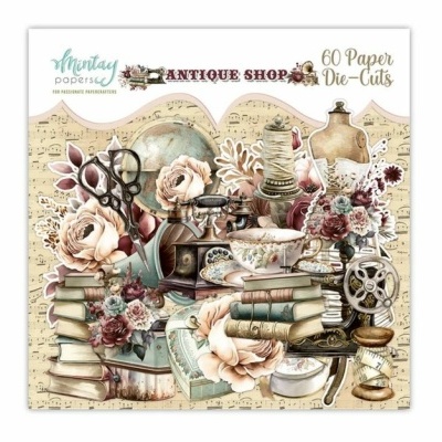 Conjunto de recortes de papel vintage com tema de loja de antiguidades incluindo livros, flores, máquina de escrever e outros objetos antigos