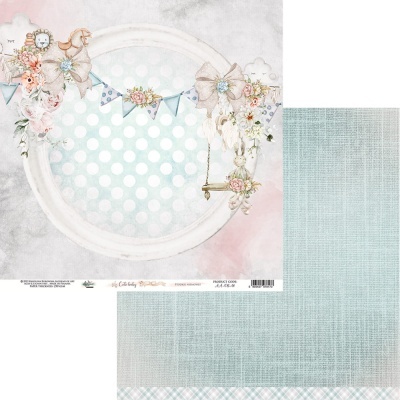 Papel decorativo azul claro com moldura circular e ursinhos em estilo infantil