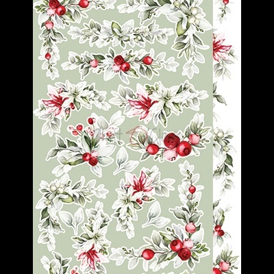 Padrão floral verde, branco e vermelho com bagas sobre fundo verde claro