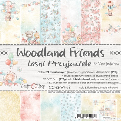 Conjunto de papéis decorativos Woodland Friends com padrões florais e animais em cores pastel