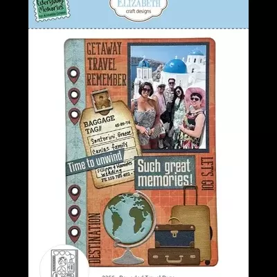 Página de scrapbooking temática de viagem com foto de turistas e texto decorative