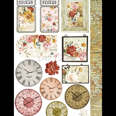 Itens decorativos com relógios, cartões bilhete e quadros florais sobre fundo de jornal antigo em francês