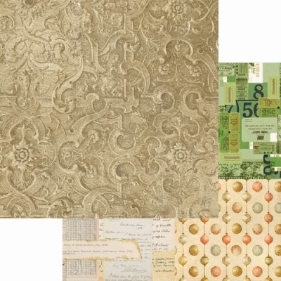 Quatro padrões distintos de tecidos ou papéis, incluindo ornamentos beige, números verdes, escrita manuscrita e bolas laranja