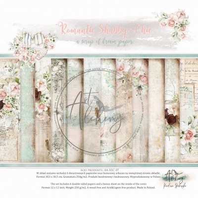 Papel decorativo Romântico Shabby Chic com padrões florais e texto Art Alchemy