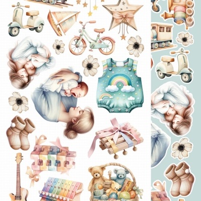 Ilustrações infantis coloridas com brinquedos e figuras familiares em tons suaves