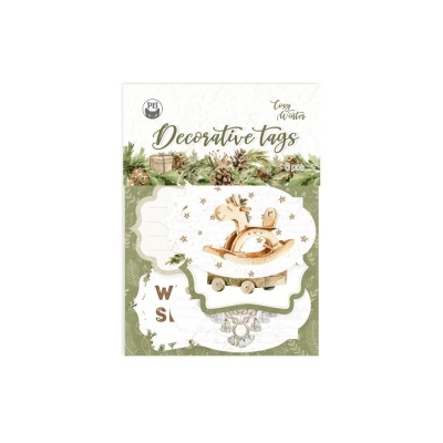 Conjunto de etiquetas decorativas natalícias com tema natural e carrossel de madeira.