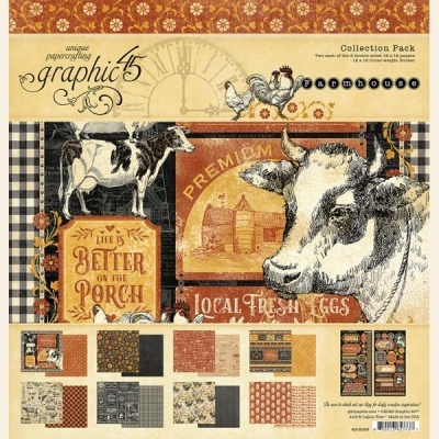 Conjunto de papéis decorativos com tema de fazenda, vacas, galinhas e texto em inglês.