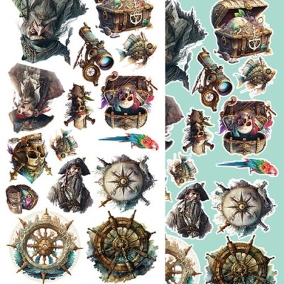 Autocolantes com imagens de piratas e objetos relacionados, fundo branco e azul claro