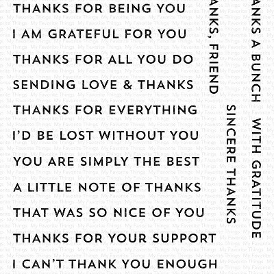 Folha branca com frases de agradecimento em inglês escritas a preto em maiúsculas