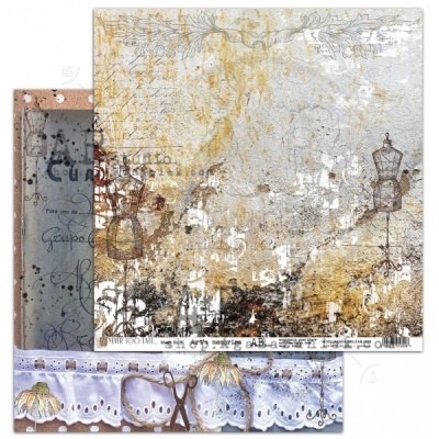 Papéis decorativos vintage com padrões de costura, texto e bordas rendadas