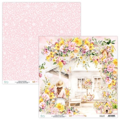 Papel decorativo com padrão floral e ilustração de casa e flores