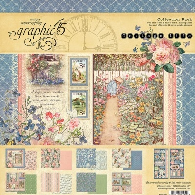 Embalagem de papel decorativo floral vintage para scrapbooking com imagens de flores, criança no jardim e carimbos postais.