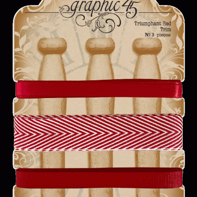 Três fitas decorativas vermelhas em cartão vintage com texto