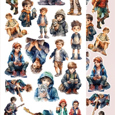 Ilustração de vários meninos em várias poses com roupas e acessórios diferentes