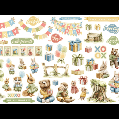 Stickers coloridos de festa com textos, animais e decorações em tons pastel