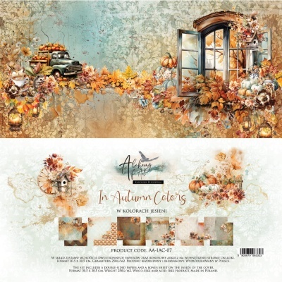 Ilustração decorativa de outono com janela, folhas, abóboras e carrinha