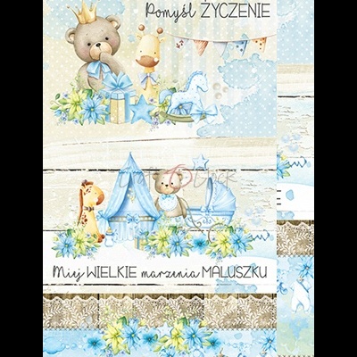 Cartões infantis ilustrados com ursinho, girafa, cavalinho e texto em inglês e polaco sobre fundo azul e bege.