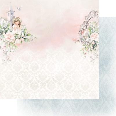 Papel decorativo floral com menina, igreja e moldura ornamentada em tons rosa e branco