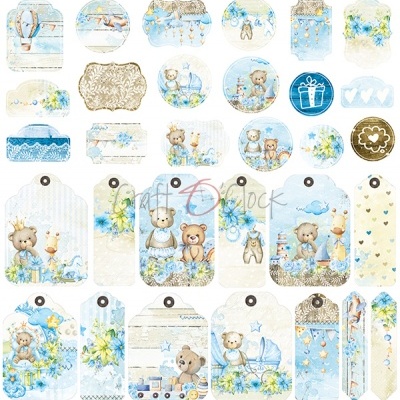 Etiquetas e autocolantes decorativos com ursinhos, girafas e flores azuis