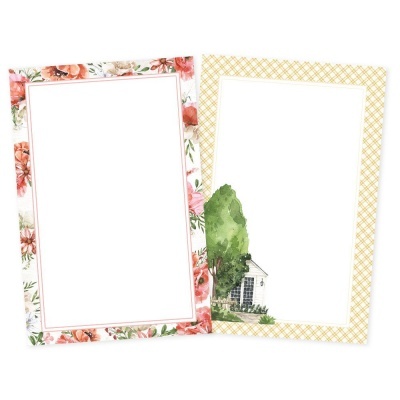 Dois moldes de papel decorativos com padrões florais e xadrez, com espaço branco para texto