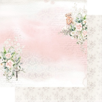 Papel decorativo branco e rosa com flores, fada e crucifixo