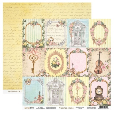 Papel decorativo vintage com imagens de chaves, relógio, violino, flores, e arquitetura vitoriana em tons pastel.