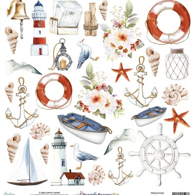 Ilustrações de elementos náuticos e marinhos em aquarela