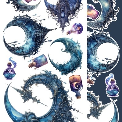 Ilustrações de luas crescentes azuis ornamentadas, castelo gótico e frascos de líquidos brilhantes