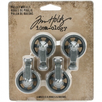 Embalagem com quatro rodas de polia de metal e plástico preto e cinzento da marca Tim Holtz.