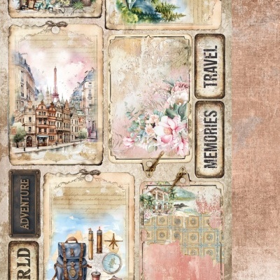 Folha decorativa vintage com imagens de viagem e aventura em tons pastel e envelhecidos