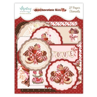 Folha decorativa de scrapbooking com elementos de chocolate e amor em papel colorido.
