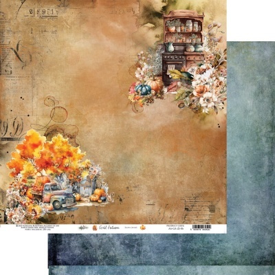 Papel decorativo outonal com carrinha e flores em tons laranja e castanhos, textura desgastada azul