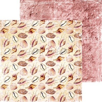 Papel decorativo com padrão de conchas marinhas e lado de trás rosa texturizado