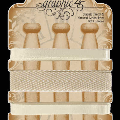 Três fitas decorativas em marfim e natural sobre cartolina com design vintage e texto em inglês