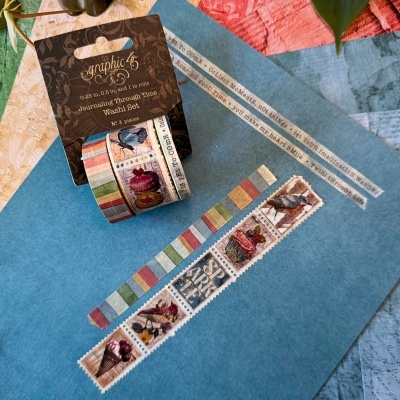 Conjunto de washi tape Graphic 45 com padrões vintage em papel azul