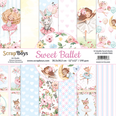 Papel para scrapbooking Sweet Ballet com desenhos de ballet, animais e flores em cores pastel