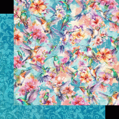 tecido ou papel decorativo floral e com beija-flores em cores vibrantes sobre fundo azul