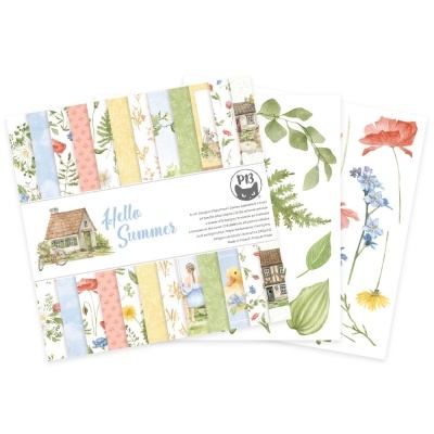 papéis decorativos com padrões florais e texto Hello Summer